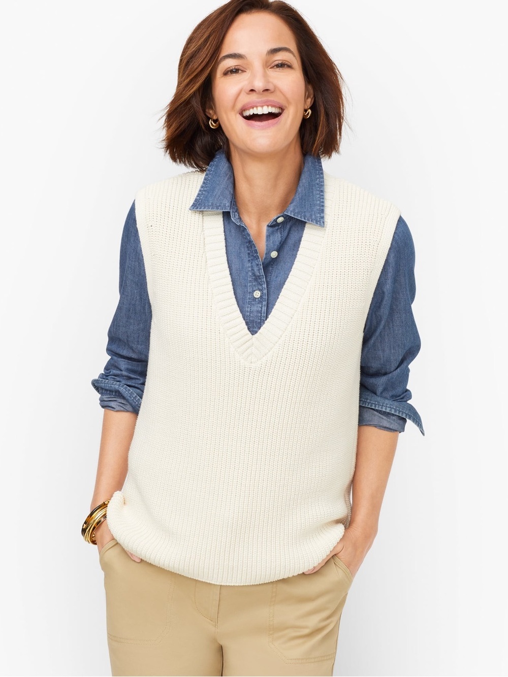 Talbots Shaker Stitch Sweater Vest – Women’s Large – Cream/Ivory – V-Neck Knit